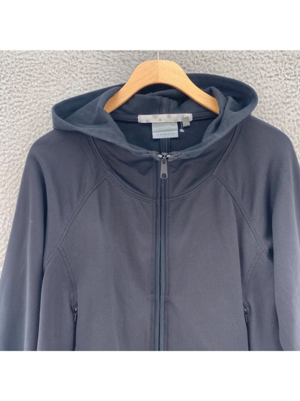Athleta Jacket Womens Medium Black Swerve Pique Knit Cropped Hooded Long Sleeve* - Picture 2 of 11